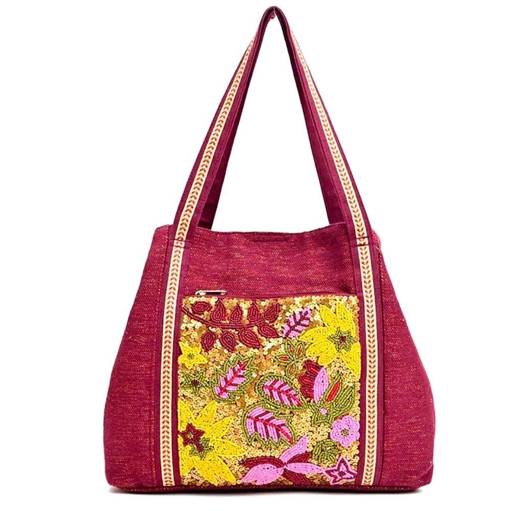 AMERICA & BEYOND MAROON TRIPLE ENTRY EMBELLISHED SHOULDER BOHO BAG